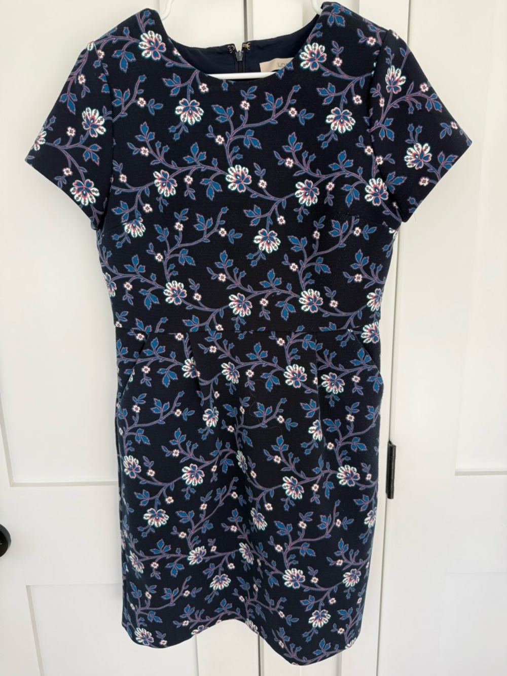 LOFT Navy Floral Short-Sleeve Shift Dress